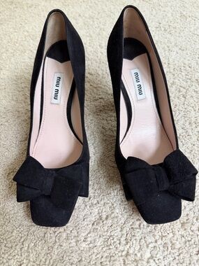 Miu Miu Black Suede Bow Toe Pumps